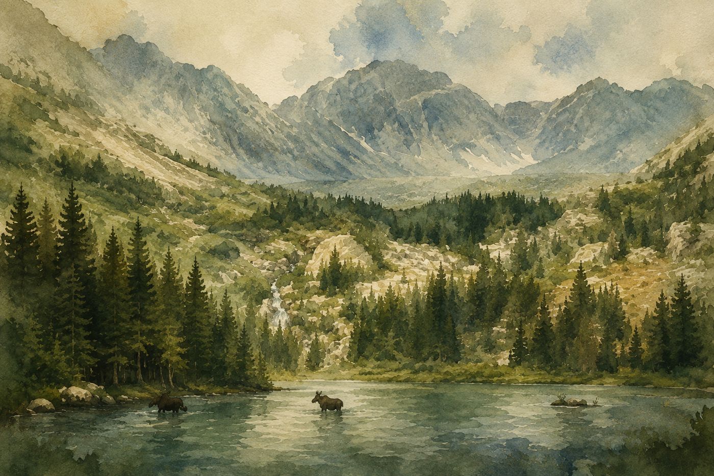 Watercolour of the Rockies: a lake, spruce forest and two moose below the peaks